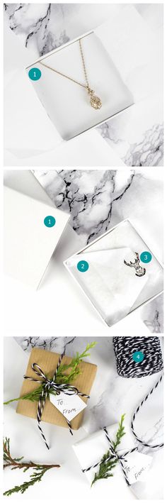 three different photos showing the inside of a box with jewelry on it, and in front of