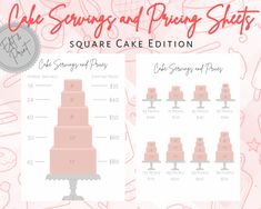 a cake is shown on top of a table with the words, cake serving and pricing sheets