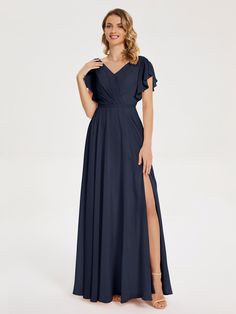 Kate V-neck Pleats Chiffon Bridesmaid Dress with Ruffles Ink Blue Bridesmaid Dresses, Grape Bridesmaid Dresses, Plum Bridesmaid Dresses, Dark Navy Bridesmaid Dresses, Royal Blue Bridesmaid Dresses, Bridesmaids Dress Inspiration, Full Maxi Skirt, Chiffon Bridesmaid Dresses, Dress With Ruffles