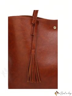 BirdinBag - Embossed Litchi Shoulder Tote Bag with Tassel Decor - Ideal for Work Brown Shopping Bags With Tassels, Brown Tassel Bags For Shopping, Brown Tasseled Bags For Shopping, Elegant Brown Bags With Tassels, Elegant Brown Shoulder Bag With Tassels, Brown Bucket Bag With Long Handle, Everyday Bags With Tassels, Rectangular Brown Satchel With Tassels, Everyday Rectangular Shoulder Bag With Tassels