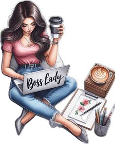 a drawing of a woman holding a coffee cup and laptop with the word boss lady on it