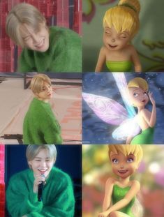 four different pictures of tinkerbells with one smiling and the other holding a toothbrush