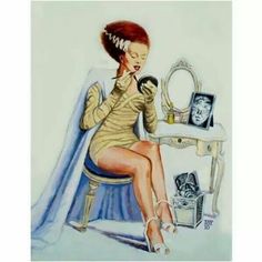 a painting of a woman sitting in front of a mirror brushing her teeth