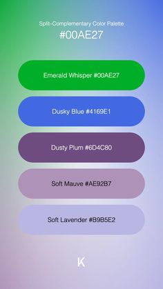 Split–Complementary Color Palette Emerald Whisper #00AE27 · Dusky Blue #4169E1 · Dusty Plum #6D4C80 · Soft Mauve #AE92B7 · Soft Lavender #B9B5E2 Complementary Color Palette, Serenity Color, Split Complementary, Split Complementary Colors, Yellowish Green, Dusky Blue, Soft Lavender