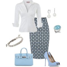 A fashion look from May 2014 featuring zipper top, blue pencil skirt and blue platform pumps. Browse and shop related looks. Mode Over 50, Simple Summer, Summer Work, Summer Work Outfits, Stylish Work Outfits, Professional Attire, Work Attire, Office Fashion, Polyvore Outfits