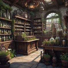 a room filled with lots of plants and vases next to wooden shelves full of bottles