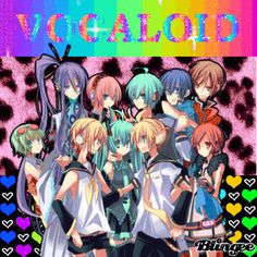 an anime poster with the words vocaloid in front of them and hearts around it