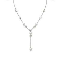 This necklace features Akoya pearls as the primary gemstone, accompanied by diamond as the secondary gemstone. The pearls are set in 18k white gold and the overall collection is named "Pearls In Motion." The total carat weight of the piece is 0.2. Mikimoto Pearls, Akoya Pearls, Pearl Diamond, Estate Jewelry, Primary Color, My Jewellery, Pearl Necklace, Jewelry Accessories, Silver Necklace