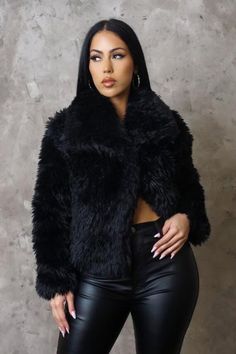 MAGNOLIA COLLECTION: Women's Everything I Want Jacket - Black Faux Fur  100% Polyester Limited Quantity One Large Snap at Top Chest of Jacket for Closure LuxurieMarie Winter Faux Fur Outerwear For Night Out, Black Edgy Outerwear With Faux Fur Trim, Winter Night Out Faux Fur Outerwear, Chic Black Long Sleeve Fur Coat, Chic Long Black Fur Coat, Faux Fur Outerwear For Night Out In Fall, Winter Outerwear With Faux Fur Lining For Night Out, Fall Faux Fur Outerwear For Night Out, Black Faux Fur Outerwear For Spring