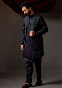 Jatin Malik-Midnight Blue Shrug And Kurta Set-INDIASPOPUP.COM Fitted Bandhgala With Embroidered Sleeves For Eid, Festive Sets With Embroidered Sleeves And Traditional Drape, Fitted Kurta With Embroidered Sleeves And Traditional Drape, Embroidered Fitted Front Open Sets, Designer Sets With Set-in Sleeves And Traditional Drape, Festive Fitted Sherwani With Embroidered Sleeves, Fitted Sets With Embroidered Sleeves For Transitional Season, Formal Fitted Sherwani With Embroidered Sleeves, Black Sets With Embroidered Sleeves For Festive Occasions