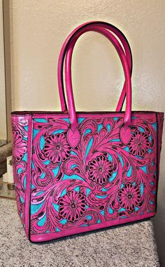 Tooled Tattoo, Tool Tattoo, Pattern Interior, Tool Tote, Western Wear Outfits, Genuine Leather Purse, Hand Tooled Leather, Western Leather, Pink Turquoise