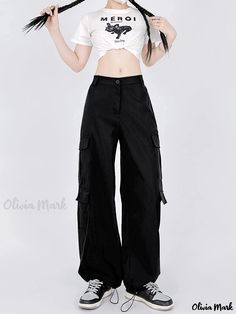 Olivia Mark - Y2K Solid Button Front Pockets Cargo Pants, Casual Wide Leg Baggy Pants, Women's Clothing Y2k Style Cotton Straight Pants, Y2k Cotton Straight Pants, Y2k Straight Cotton Pants, Casual Wide Leg Pants With Button Closure, Full Length, Baggy High-waisted Y2k Pants, Y2k Baggy High-waisted Pants, Y2k Style Cotton Trousers, Y2k Straight Cargo Pants With Cargo Pockets, Utility Full Length Pants With Button Closure