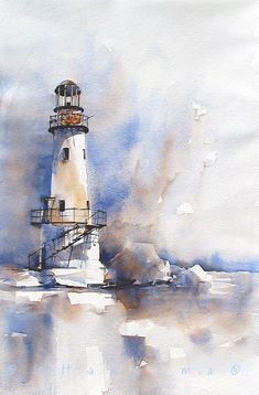 Akvarel Illustration, Lighthouse Painting, Drawing Eyes, Lighthouse Art, Watercolor Architecture, Watercolour Inspiration, Watercolor Paintings Easy, Watercolor Painting Techniques, 수채화 그림