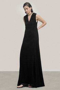 Greta A-line V-Neck Crepe Floor Length Dress | MEAN BLVD Luxurious Dress, Luxurious Dresses, Mean Blvd, Dress Drape, Floor Length Dress, Floor Length Dresses, Crepe Fabric, Feel Confident, Black Tie