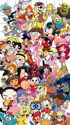 many cartoon characters are grouped together in this collage, with the same character on each side