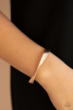 A stack of four glistening rose gold bars delicately twist at the center as they delicately layer into a dainty cuff around the wrist.

 Sold as one individual bracelet. Basic Accessories, Rose Gold Cuff Bracelet, Paparazzi Accessories Jewelry, Rose Gold Bar, Gold Bars, Never Fully Dressed, Gold Bracelet Cuff, Gold Cuffs, Paparazzi Accessories