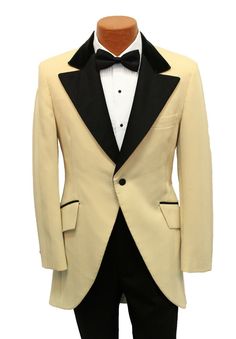 Tan Vintage Tuxedo Jacket This is a true vintage tuxedo jacket that was made for the rental industry in the 1970s.  Perfect piece for a Halloween costume or for someone who wants to stand out at a formal event.  It features a one button single breasted front and wide satin lapels.  Black velvet collar.  The coat cuts away in the front to the tails in back.  Please zoom in on the photos above to fully appreciate this unique coat. Listing is for the coat only.  If you are in need of additional for Suits Old Fashioned, Retro Long Sleeve Blazer For Formal Events, Retro Long Sleeve Blazer For Formal Occasions, Retro Long Sleeve Semi-formal Outerwear, Retro Formal Outerwear With Lapel Collar, Formal Retro Outerwear With Lapel Collar, Formal Retro Suits With Long Sleeves, Retro Long Sleeve Formal Suit, Retro Fitted Formal Outerwear