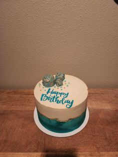 a birthday cake sitting on top of a wooden table