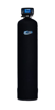 a black water bottle with blue light on top