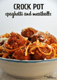 a bowl filled with spaghetti and meatballs on top of a white countertop next to the words crock pot spaghetti and meatballs