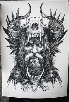 a drawing of a man with horns and skulls on his face holding up a poster