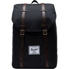 Designed for our daily trips around town, the Herschel Supply Retreat Backpack is a simple, stream-lined backpack with classic rucksack styling and leather straps that give it an old school look. Magnetic closures keep the straps pinned down while also providing easy access to our laptop and daily essentials. Classic Bags For Back To School, Classic Black Backpack For Outdoors, Classic School Backpack With Adjustable Strap, Classic Black Outdoor Backpack, Classic Leather Backpack With Adjustable Strap For Outdoor, Rucksack Style, School Look, Jungle Green, School Looks