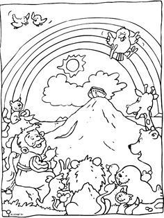 a coloring page with animals and rainbows in the background