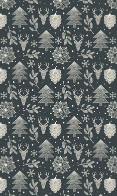 a black and white christmas pattern with trees, deers and snowflakes on it