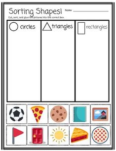 sorting shapes worksheet with pictures and words to help students learn how to use them