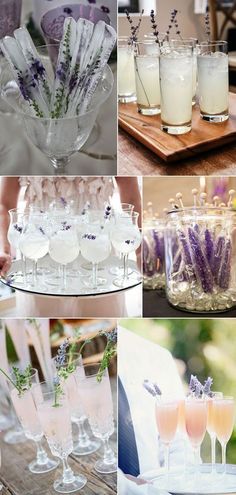 many different shots and glasses with lavenders in them