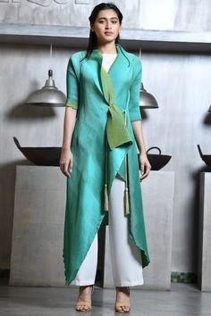 Buy Kiran Uttam Ghosh Green Pleated Polyester Overlap Long Jacket Online | Aza Fashions Kiran Uttam Ghosh Outfits, Tunic Sets For Women, Indo Western Jackets For Women, Trouser With Blazer, Long Jackets For Women Indian, Long Jacket Outfit Indian, Overlapping Kurti Designs, Aza Fashion Outfits 2020, Kiran Uttam Ghosh