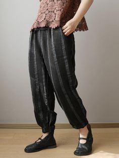 Sku CY-!54449 Material Linen Style Loose , Harem pants Feature Striped , Elasticity Occasion Going out , Vintage Seasons Spring Type Pants Color BLACK Size FREE SIZE Size Chart: Please consult the size chart we provide for this item's measurements to help you decide which size to buy. Please note: There may be 1-3cm differ due to manual measurement. INCH Waist Hips Length FREE SIZE 25.98-38.58 44.09 34.25 Vintage Baggy Bottoms For Spring, Spring Black Straight Leg Harem Pants, Baggy Washed Black Bottoms For Spring, Baggy Black Vintage Pants, Black Vintage Baggy Pants, Vintage Black Baggy Pants, Baggy Black Vintage Bottoms, Black Baggy Vintage Bottoms, Baggy Tapered Leg Pants In Washed Black