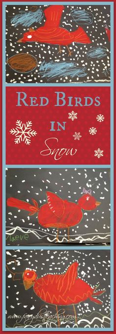 two red birds in the snow on black and red background with white snowflakes