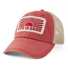 With a lived-in feel and sun-washed hue, this hat already feels like an old favorite. 100% Cotton 7.67 oz. Weathered wash for an intentional tea-stained, worn in appearance Patches Snapback with Life is Good® label on the back Six panel unstructured low-mid crown with six rows of stitching on brim and soft mesh on back Imported | Life is Good Horizontal Sunburst Old Favorite Mesh Back Cap in Faded Red Spring Soft-washed Curved Bill Hats, Vintage Pre-washed Snapback Hat, Vintage Washed Cap, Vintage Cotton Trucker Hat For Beach, Vintage Washed Hats For Summer, Soft-washed Summer Baseball Cap, Vintage Hat With Soft-washed Curved Brim, Vintage Washed Summer Hats, Vintage Soft-washed Hat With Curved Bill