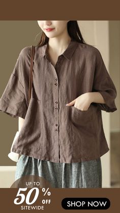 Up To 75% Off Today! Get ready to start 2023 with some new cute outfits! Linen Shirts, Half Sleeve Tops, Shirts Summer, Comfortable Room, Summer Fabrics, Pan Collar, Cup Size, Peter Pan Collar, Linen Shirt