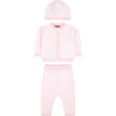 Color: Pink Pink cotton birth suit consisting of hat, cardigan and trousers. Pink hat, ribbed hem. Pink cardigan, crew neck, ribbed hem and sleeves, long sleeves with cuff, logoed button closure. Pink trousers, ribbed elasticated waist. It is decorated with iconic chevron pattern. 100% Cotton. Hand wash. Cotton Sets With Ribbed Cuffs For Spring, Suit For Baby Girl, Pink Trousers, Kenzo Kids, Prada Leather, Pink Hat, Saint Laurent Shoes, Pink Cardigan, Zig Zag Pattern