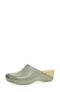 Soft leather lining and a contoured footbed serve all-day comfort in this retro-inspired mule grounded by a durable rubber sole. 2 1/4" heel (size 39) Elastic gore inset Memory foam cushioning Contoured footbed with arch support Leather upper and lining/rubber sole Imported Green Leather Slip-on Heels, Classic Mules With Rubber Sole And Plain Toe, Classic Mules With Plain Toe And Rubber Sole, Slip-on Mules With Leather Sole And Plain Toe, Leather Mules With Removable Insole, Leather Mules With Cushioned Footbed, Medium Width, Leather Mules With Cushioned Footbed, Leather Slip-on Clogs For Spring, Classic Mules With Rubber Sole And Round Toe