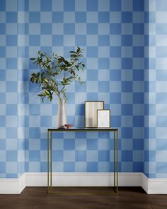 a blue and white checkered wall with a plant on a table in front of it