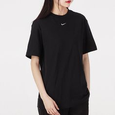 Nike AS W Sportswear Sportswear ESSNTL Tee BF LBR Black WHITE T-shirt Black T Shirt, Nike Sportswear, White Tshirt, Black Tshirt, Tshirt Dress, Nike Women, Round Neck, Shirt Dress, Black White