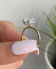 a woman's hand holding an engagement ring with two stones on it and a plant in the background