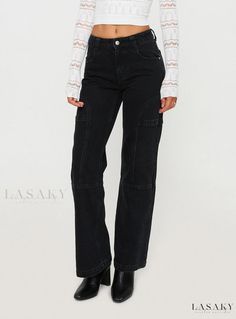 Lasaky - Dark, Mysterious Black Denim Style for Women Edgy Fall Jeans With Pockets, Edgy Fall Jeans, Trendy Fitted Cargo Jeans For Fall, Fitted Dark Wash Cargo Jeans For Fall, Fall Denim Grunge Cargo Jeans, Fitted Utility Jeans For Fall, Fall Washed Black Denim Cargo Jeans, Fall Cargo Jeans In Washed Black Denim, Black Denim Cargo Jeans For Spring