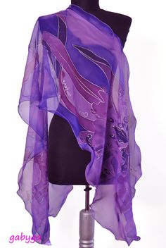 Hand painted silk scarf/Painting by hand violet от GABYGA на Etsy Artistic Purple Silk Scarves, Artistic Purple Silk Scarf, Purple Silk Bohemian Scarves, Purple Bohemian Silk Scarf, Scarf Painting, Wearable Art Clothing, Silk Chiffon Scarves, Silk Scarf Painting, Luxury Scarves