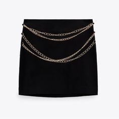 Nwt Zara Woman Gold Tone Chains Chain Mini Skirt Black Size M Medium Chic Black Chain Link Belt, Edgy Chain Link Belt With Chain Strap, Edgy Chain Link Belt, Black Chain Belt For Night Out, Chic Black Chain Belt For Party, Black Chain Belt With Chain Strap For Evening, Trendy Chain Belt With Strap For Night Out, Trendy Black Chain Belt For Night Out, Trendy Black Chain Belt With Chain Strap