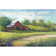 a painting of a red barn in the country