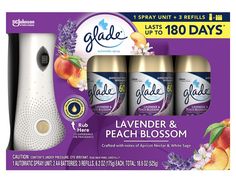 three bottles of glade lavender and peach blossom deodorant spray on display