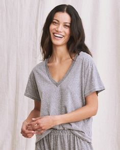 The V-Neck Tee. -- Heather Grey – The Great. Emily And Meritt, Mother Denim, Hair Fragrance, Knit Sweatshirt, Denim Flares, Ulla Johnson, Plunging Neckline, V Neck Tee, Vintage Tees