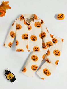 2pcs Newborn Baby Boy Casual Pumpkin Print Long Sleeve Top And Pants Set, Halloween Pajamas Outfit, For Halloween Party Apricot   Long Sleeve Knitted Fabric Halloween  Non-Stretch  Baby Boys Clothing, size features are:Bust: ,Length: ,Sleeve Length: White Long Sleeve Sets For Halloween, Cute Pajama Party Sets For Fall, Cute Fall Pajama Party Sets, Halloween Costume Sets With Long Sleeves, Long Sleeve Halloween Costume Sets, White Sleep Sets For Fall, White Long Sleeve Sets For Costume Party, White Long Sleeve Costume Party Set, Playful Halloween Sleepwear