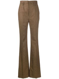 brown wool/silk pressed crease high waist belt loops front button and zip fastening two side slash pockets two rear button-fastening jetted pockets silk lining straight leg flared hem Classic Trousers Women, Trouser Outfit, Slacks For Women, Classic Trousers, Dressy Pants, Wool Trousers, Fashion Attire, Straight Trousers, Classic Dress