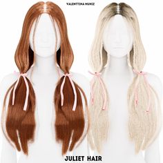 two wigs with different colored hair are shown in three different positions, one is blonde and the other is light brown