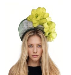 Forest Dark Green Acid Apple Lime Halo Crown Kentucky Derby Fascinator Hat Padded Headband  Wedding Cocktail Percher Tea Party Headpiece Hat Spring Summer Hat & Fascinator Collection Antoinette Fascinator Hat Gorgeous lime green silk flowers with crown style forest dark green sinamay base Base measures about 8cm high This dark green and lime headpiece is mounted with a matching headband. If you prefer a headband to match your hair, please make a note at check out what colour headband you want. T Spring Headband With Pinched Crown, Spring Fitted Headband Hair Accessories, Fitted Spring Headband, Elegant Green Headband For Races, Summer Formal Costume Headband, Spring Evening Headband With Structured Crown, Summer Garden Party Headpiece With Pinched Crown, Adjustable Pinched Crown Summer Headband, Adjustable Pinched Crown Headband For Summer